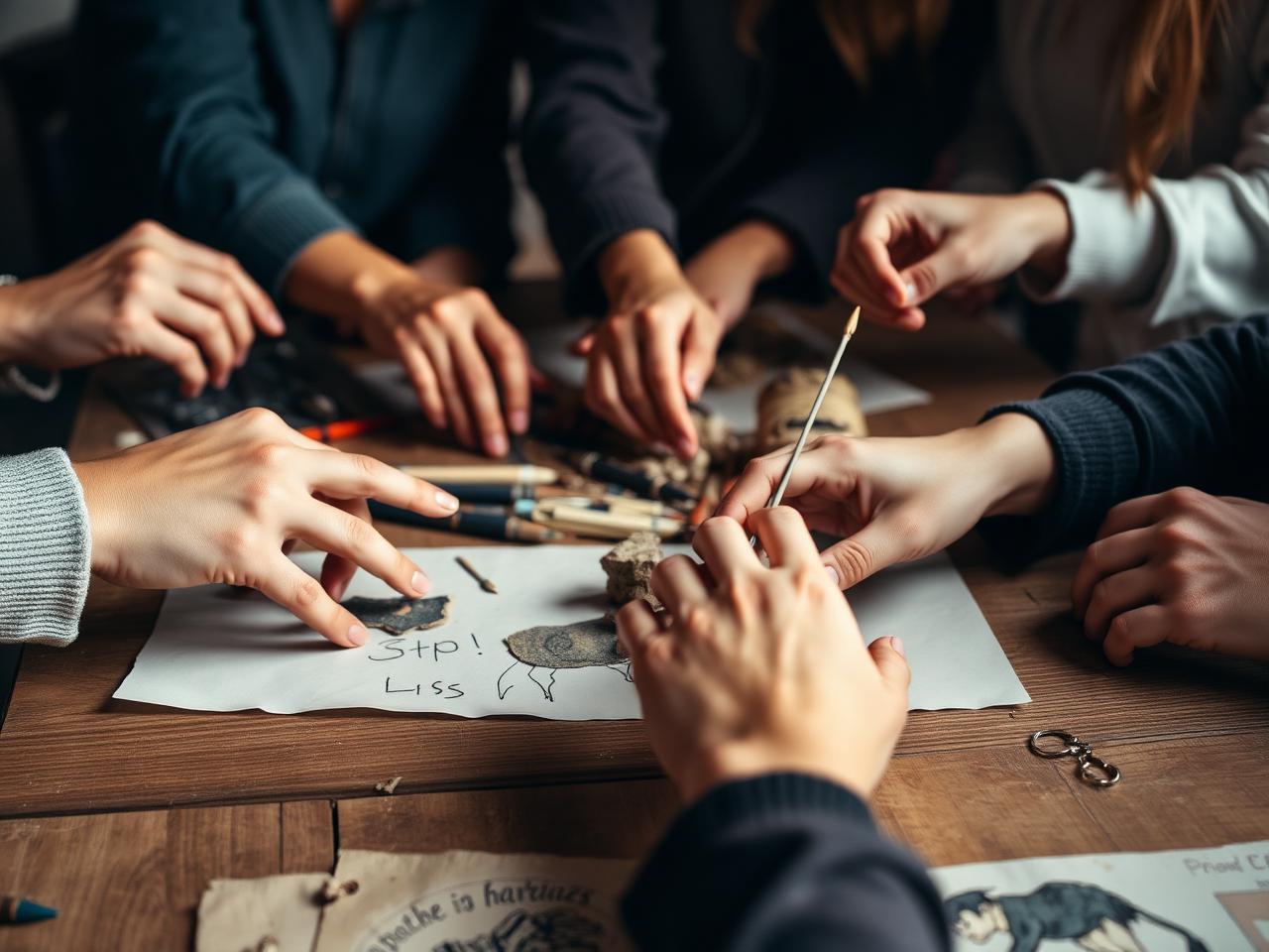Many hands working together on a shared creative project